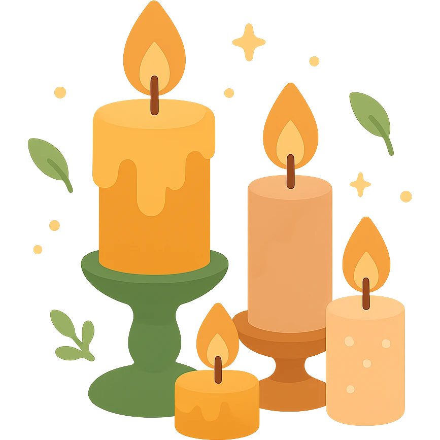 Several cute, glowing candles with flickering flames, set in a cozy and magical atmosphere, designed in a soft color palette: golden orange (FA9B41), deep forest green (4A7C5C), warm taupe brown (96775A), and pastel peach (FFCC9A). The candles are in delicate, slightly vintage holders, with the flames casting a gentle, warm glow. The wax is in shades of golden orange and peach, with subtle gradients, and small decorative patterns or tiny sparkles around them. The soft light from the candles creates a dreamy, enchanting ambiance, surrounded by tiny floating leaves or soft mist. The overall mood is serene, inviting, and magical. emoji