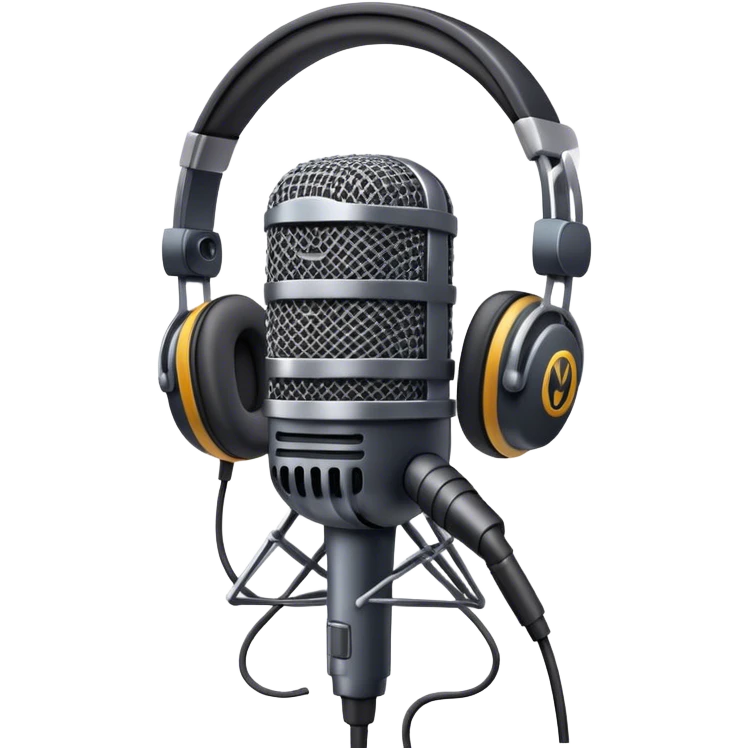 Create an emoji for podcasting. Show a microphone with headphones, symbolizing the recording of a podcast. Use modern, professional colors. Do not include any emojis or smiley faces. Make the background transparent. emoji