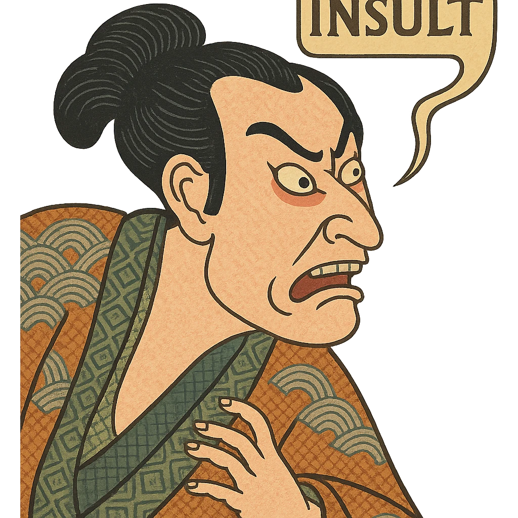 dramatic face with a speech scroll containing 'INSULT' in ukiyo-e style emoji