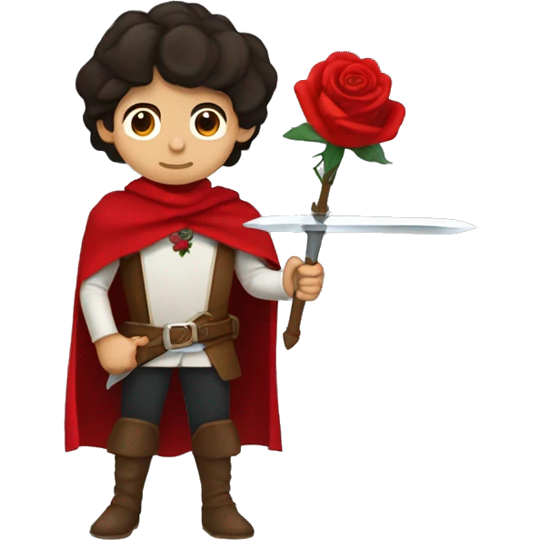 canela skin boy dark hair musketeer with red rose shoulder medieval cape and sword emoji