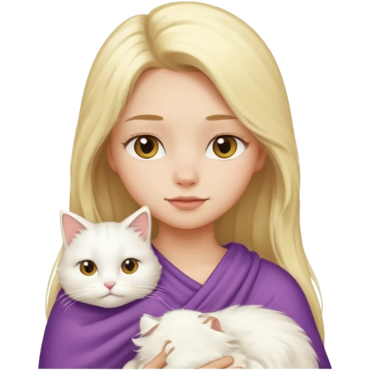 a girl with long blonde hair and a white fluffy cat draped over her left shoulder, emoji style emoji