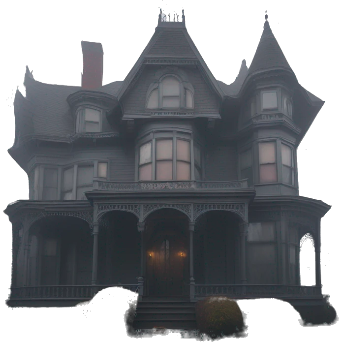 Fantastic Wide full view, A very roomy ramshackle Victorian Addams’s mansion looms through light fog at noon  emoji