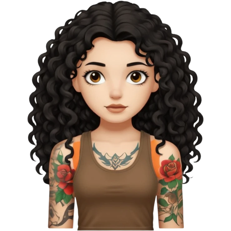 a pretty bratz fair girl with black long curly hair in a brown tank top with tattoos emoji