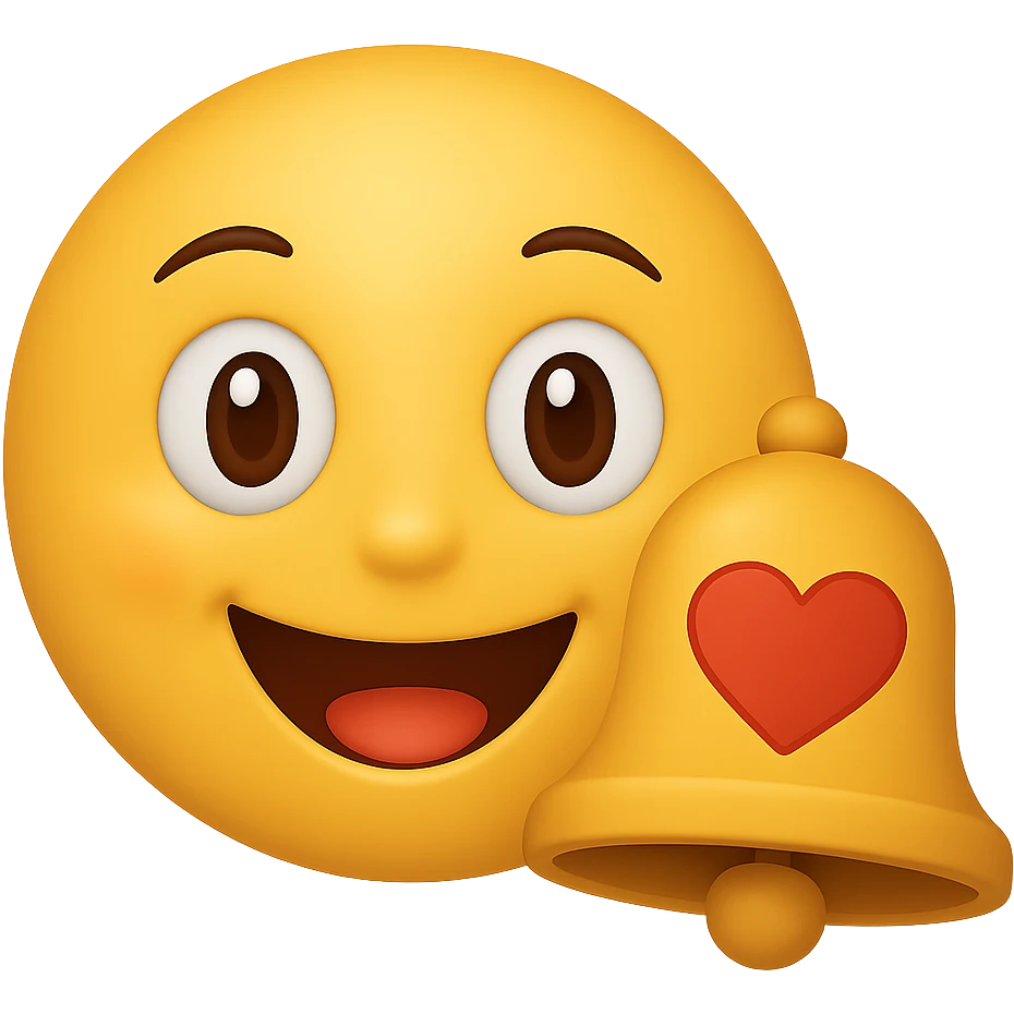 Add a notification bell with a heart to the classic yellow emoji, keeping the background transparent. The emoji should have a social media marketing vibe with a classic yellow emoji style. emoji