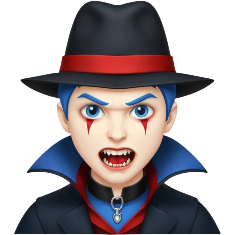 Vampire with blue hat,black coat with read collared ,teeth looks like vampire with aggression on face and full body. emoji