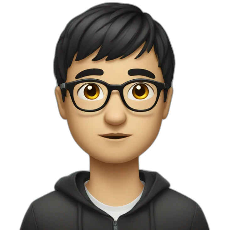Russian boy in glasses with short black bangs wearing glasses and a stupid look emoji