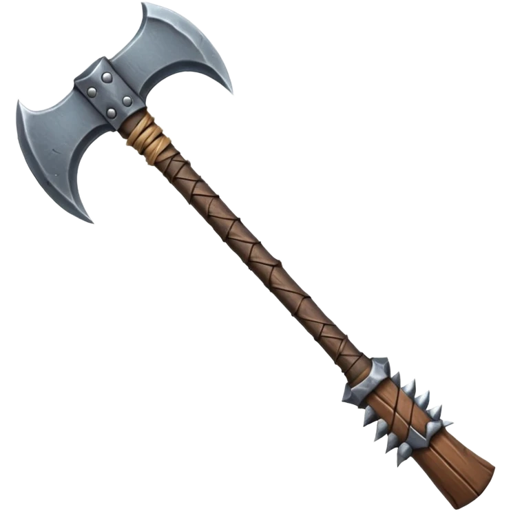 savage barbarian axe object icon, spiked double blade, battle-worn metal, scratches, heavy fantasy weapon, 3D cartoon, mobile game icon style, centered, clean background, no text, no watermark emoji