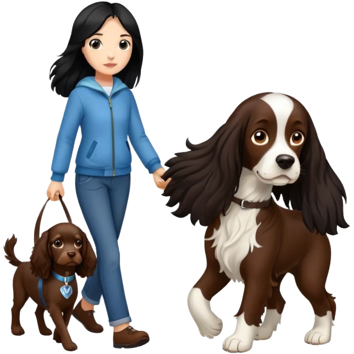 A girl with long black hair walks a brown springer spaniel emoji
