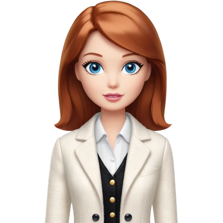 A Barbie girl with blue eyes, shoulder-length reddish-brown hair with makeup, wearing a white tweed jacket and a black skirt, pale white body cream pot emoji