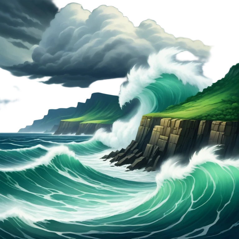 A dramatic view of a raging ocean with massive waves crashing against the shore, surrounded by a breathtaking landscape of cliffs and lush greenery. The sky above is filled with dramatic clouds, highlighting the raw power of nature and the beauty of the untamed seascape. emoji