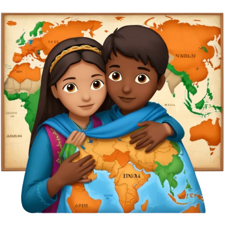 An Afghan girl and Indian boy who are in long distance relationship hug each other from distance.  Afghan girl from on Afghanistan map and boy on India map, they hug each other from this distance. emoji