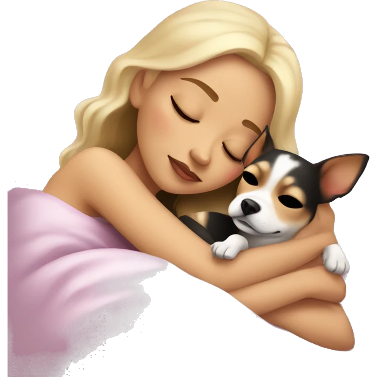 a white sking girl sleeping with her chihuahua  emoji