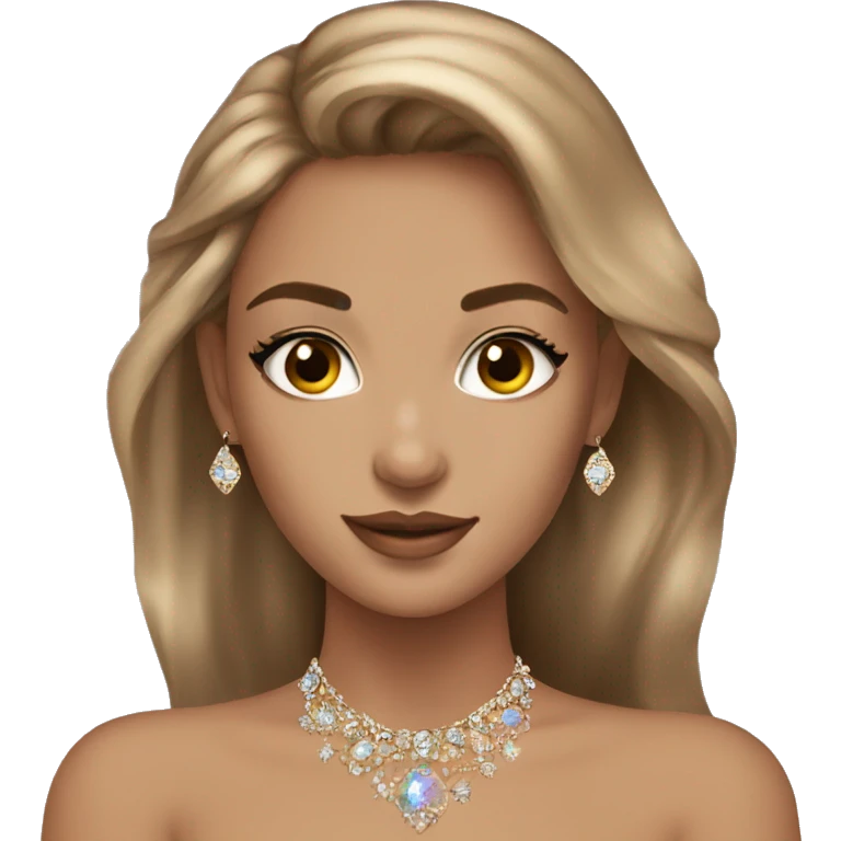Beautiful model with light brown hair and jewellery on and sparkly top  emoji
