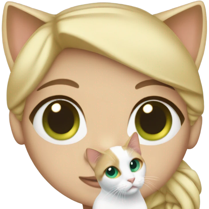 Blue eyes blonde girl, holding a calico cat with green eyes emoji