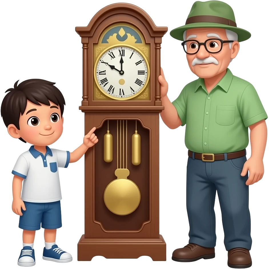 My Grandfather's clock Old Man Green shirt and hat Asian boy is looking for the old clock emoji