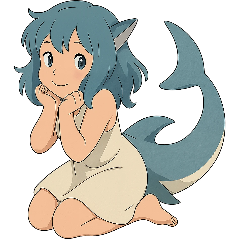 anime girl with blue hair and shark tail, cute pose emoji