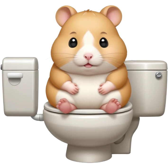 Cute chubby cartoon-style hamster sitting on toilet, sticker-style illustration emoji