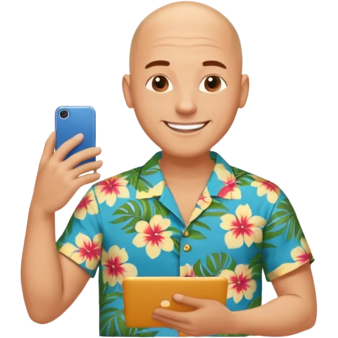Good looking bald laid-back no suit a Hawaiian style shirt man who is a really super shopper and gets all the great deals and there really smart about getting on the Internet emoji