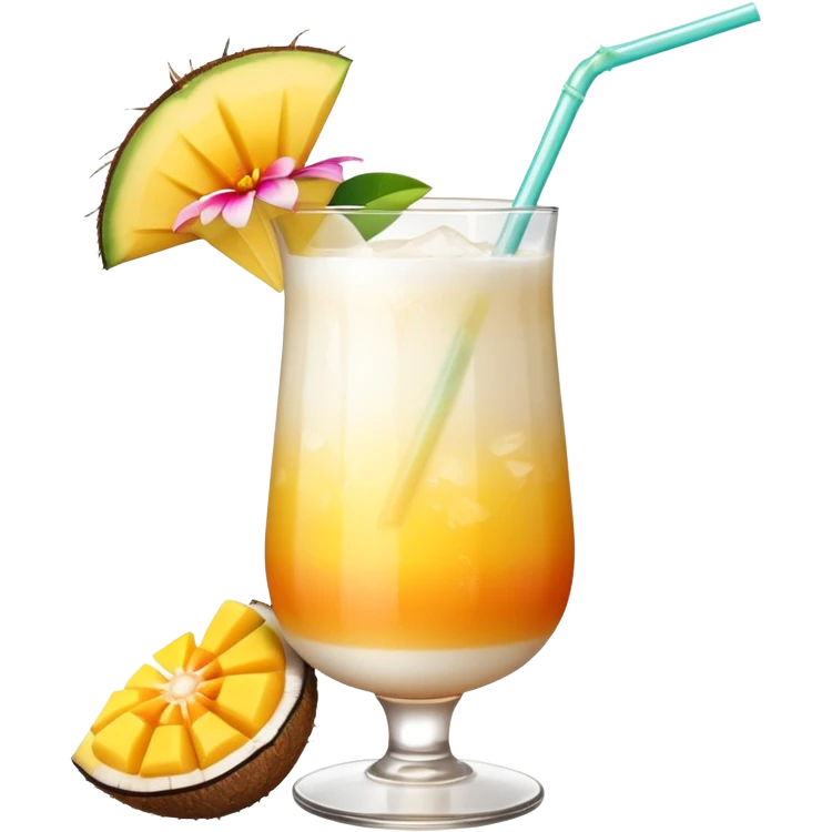 A beautiful cocktail with a creamy white to orange gradient, containing coconut juice and mango, reminiscent of summer. Above, there are tropical flowers, lemon slices, and a straws. emoji