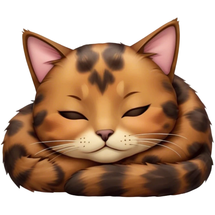 Meme-Worthy Cute Sleeping Tortoiseshell Cat Portrait Emoji, Head resting with a serene, sleepy smile and softly closed, dreamy eyes, showcasing a warm, mottled fur of rich browns and blacks, simplified yet adorably detailed, glowing with a gentle, drowsy radiance, high shine, exuding relaxed, heart-melting charm, styled with a soft glowing outline, capturing the essence of a sleeping tortoiseshell cat that radiates pure, peaceful cuteness! emoji