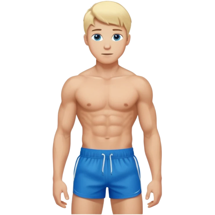 a 20 year old blond man with blue eyes, very muscular with abs, shirtless with sports shorts emoji