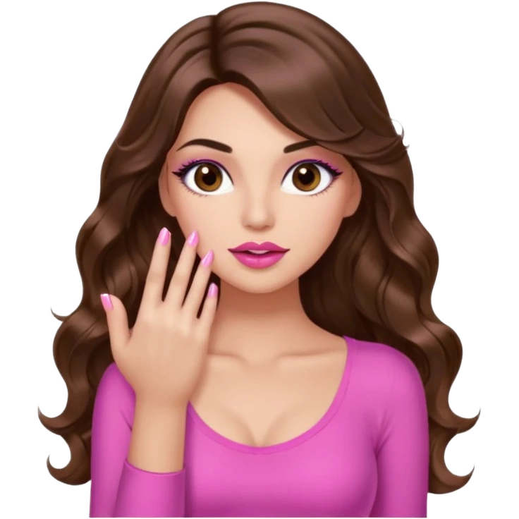 girl with long wavy brown hair, brown eyes, light to medium complexion, in a pink sexy top, pink lips, long lashes, puckered lips, showing my manicure one hand 5 fingers emoji