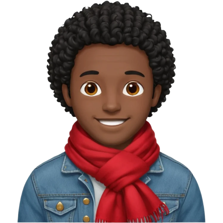 black skin man, curly black hair wear big red scraft, jean jacket emoji