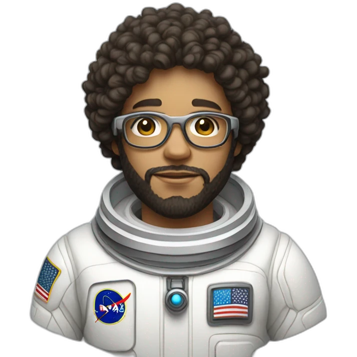 Light skinned Boy with black short curly hear and beard and glasses wearing a white astronaut suit m emoji