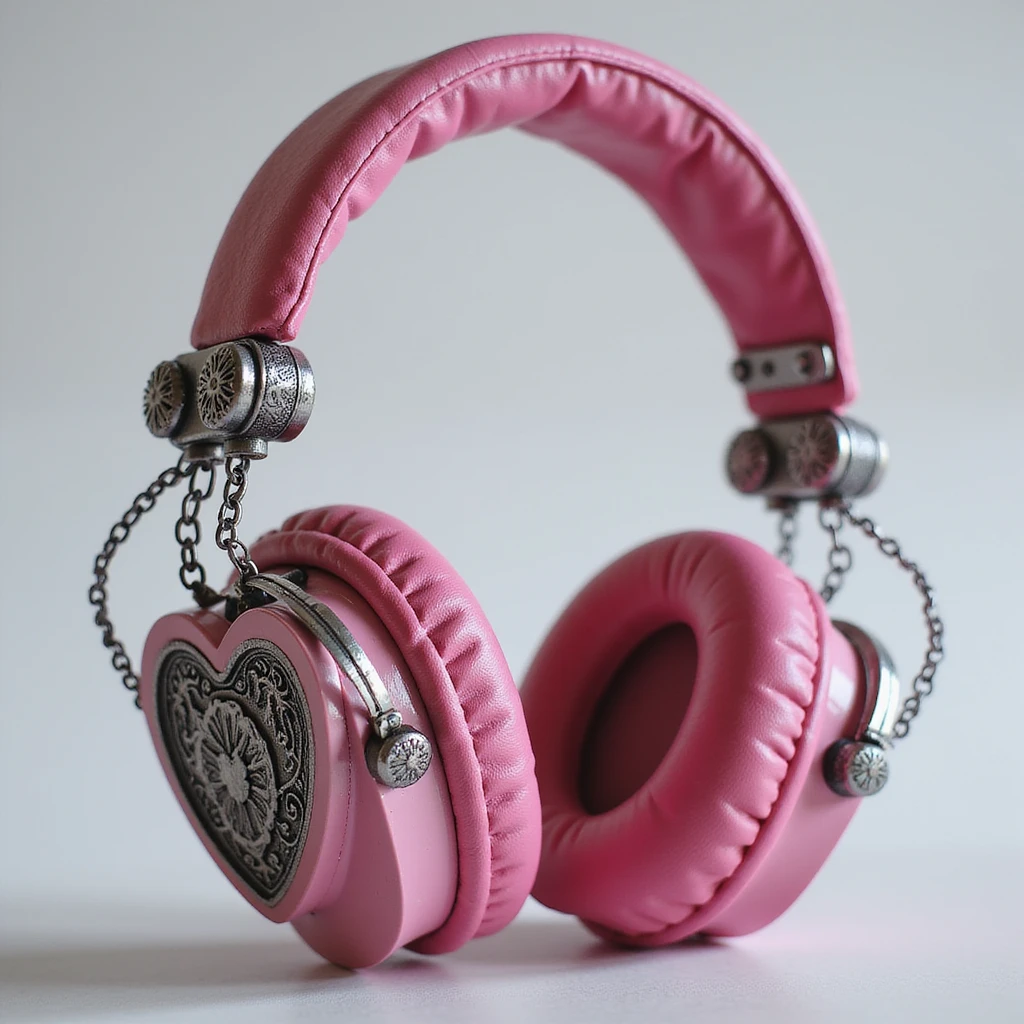 realistic pink gothic headphones with heart-shaped ear cups, metallic chains, and gothic engravings, photorealistic style emoji