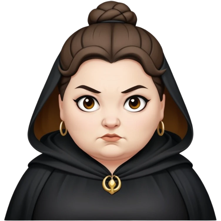 Alecto Carrow in harry potter, a white fat woman , brown one knot bun hair, look evil, black cloak emoji