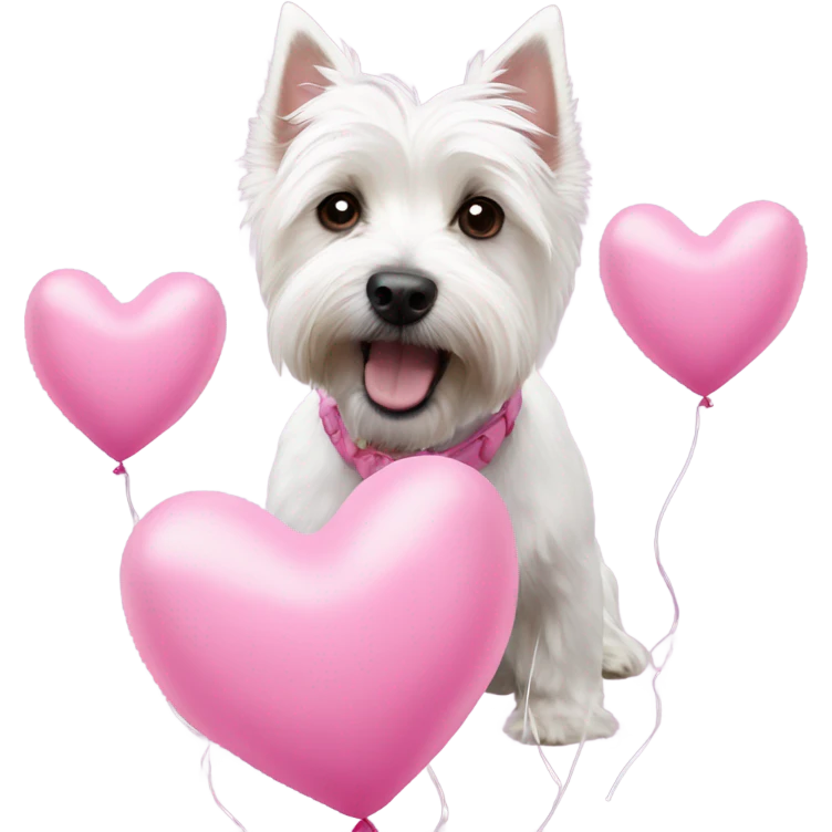 westie surrounding in pink heart balloons emoji