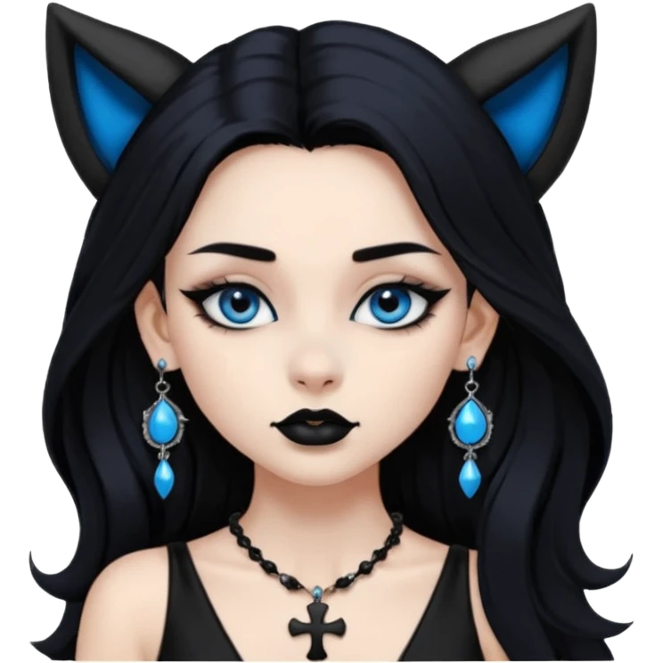 A girl with long black hair and blue eyes, black eyeshadow, black eye liner, mascara, and black lipstick, and black skull earrings. Also a black sexy dress and wolf ears  and a black pendent necklace and a black cross below her right eye emoji