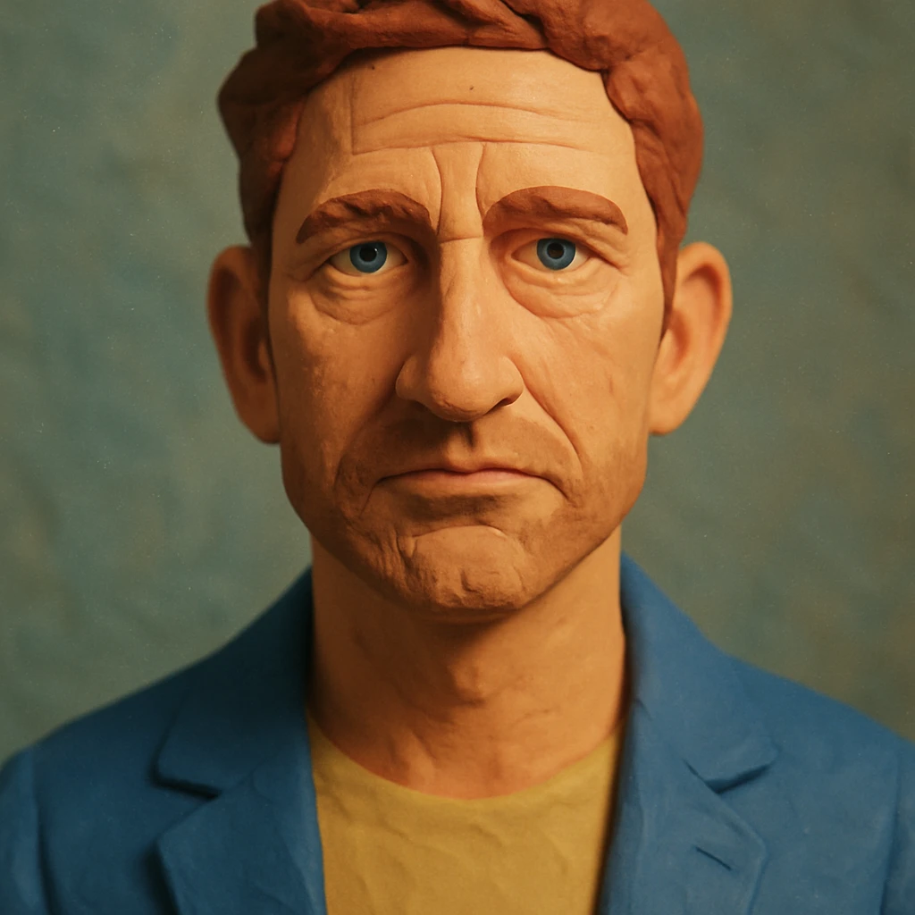 portrait inspired by Gerard Butler, face narrower and forehead slightly larger, claymation style emoji