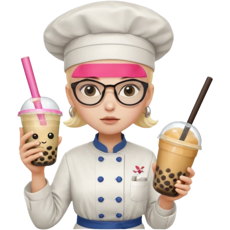 A Angry Teen Female with Pale skin and Bald, wearing a Uniform outfit, a Chef hat, Sunglasses, carrying a Wand, working as a scientist, while drinking Bubble tea and reading a Book.
 emoji
