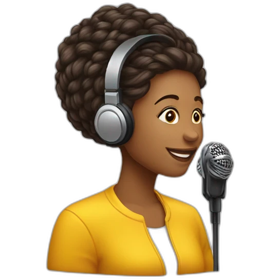 MULHER BRANCA COM CABELO LOIRO E LISO COM MICROFONE DE PODCAST E UM girassol  emoji