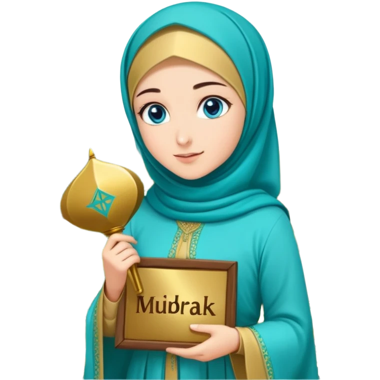 Turkish beautiful finish Konya girl blue eyes with gold hijab and islamic long tailed turquoise dress on the ground at garden and had on her hand text Eid Mubarak  emoji