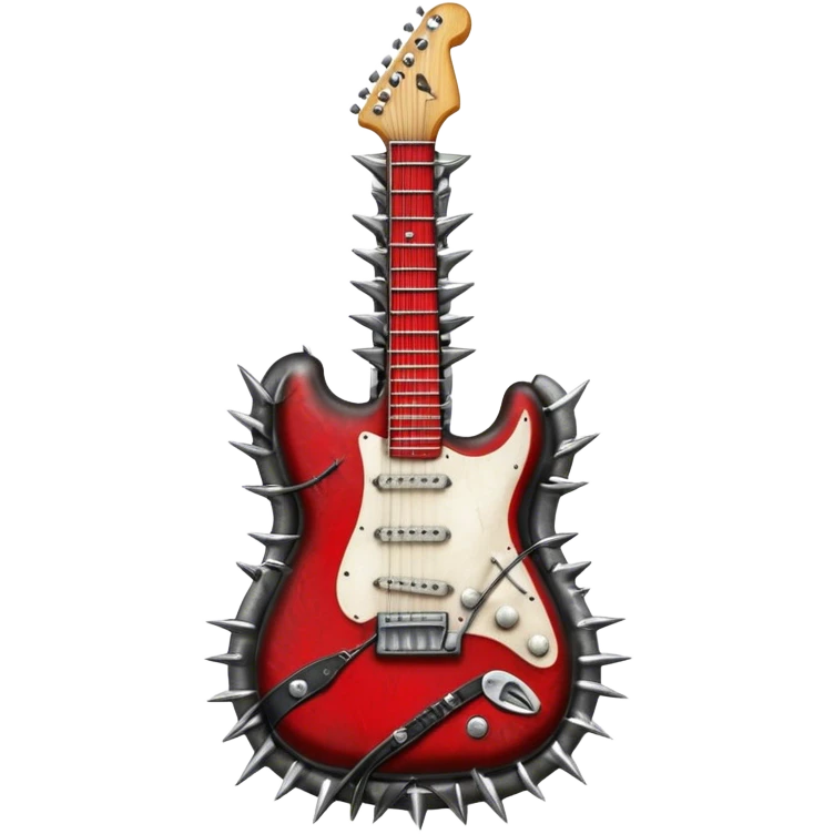 Create a powerful and dynamic humanless emoji representing rock vocals. The design should feature a classic vintage microphone with a rugged, distressed look, surrounded by elements like a guitar pick, electric guitar neck, and sound waves to reflect the raw energy of rock music. Add subtle details such as a spiked bracelet, leather textures, or bold lightning bolts to evoke the rebellious and intense spirit of rock. Use dark, edgy colors like black, red, silver, and metallic accents to emphasize the fierce, loud, and passionate nature of rock vocals. The background should be transparent. emoji