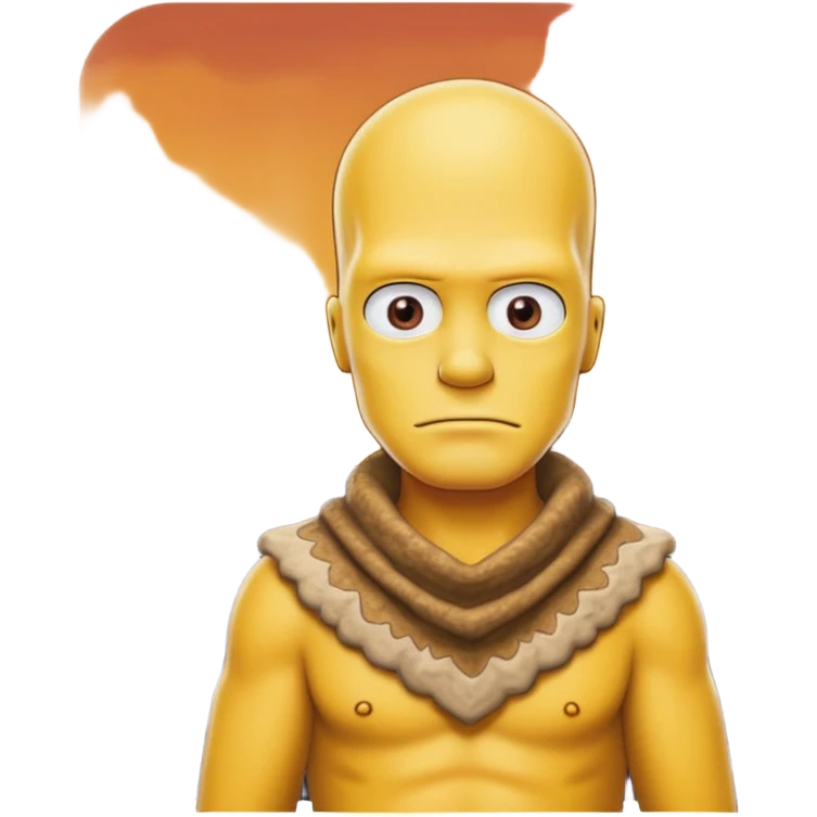 a simpson guy wearing ancient animal skin cloth with volcano behind, half body, icon emoji