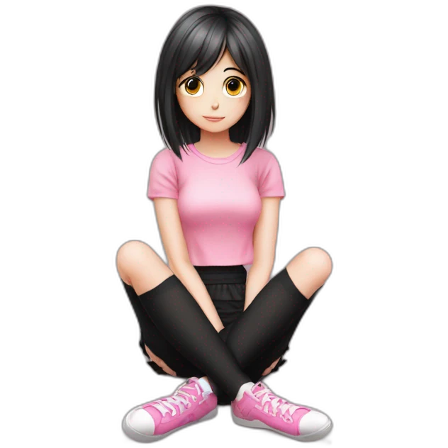 full body Front view emo girl sits on the floor black skirt pink knickers emoji