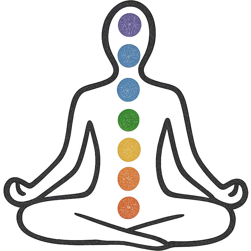 black silhouette meditating in lotus, chakras marked with intense colored dots, simple and elegant graphic style, transparent background emoji
