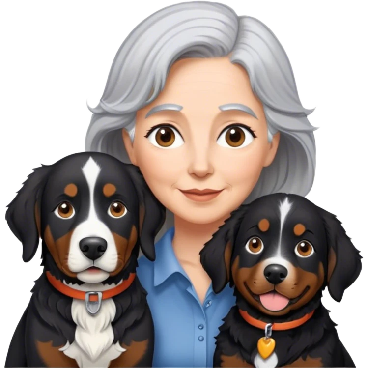 Gray hair Woman with black lab and Bernese mountain dog  emoji