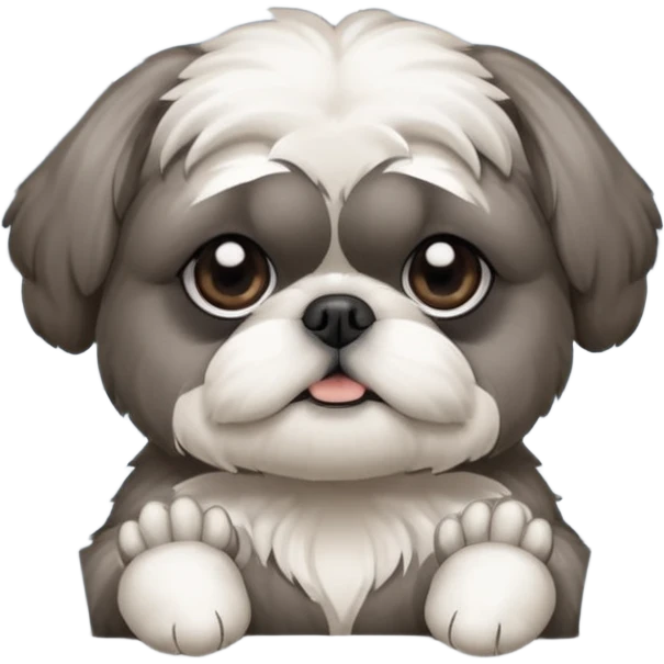 cute all grey shih tzuh behind window shades pulling them open with one paw and peeking through them emoji