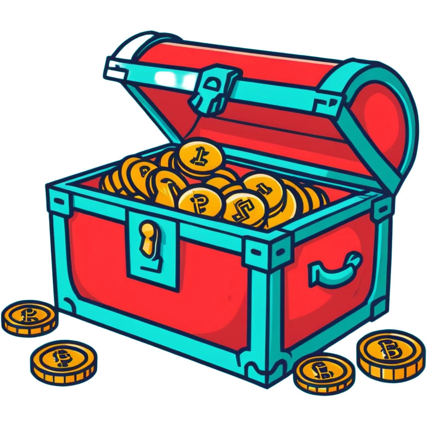 A vibrant red RPG treasure chest with gold coins spilling out emoji