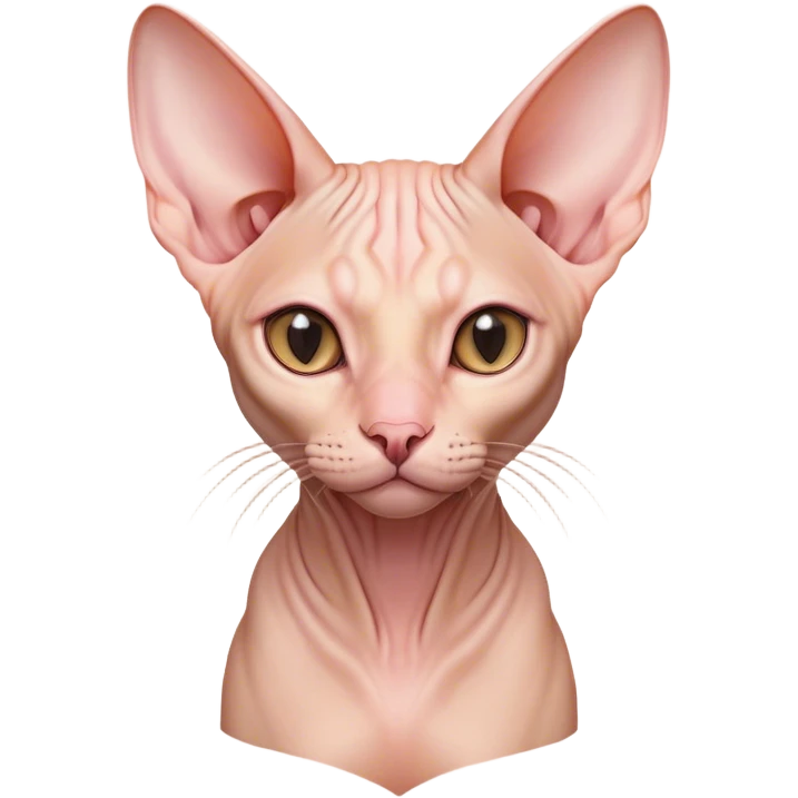 Cinematic Noble Sphynx Cat Portrait Emoji, Poised and regal, with smooth, hairless skin in warm peach and soft pink tones, striking large ears and intense almond-shaped eyes, Simplified yet sharp and sophisticated features, highly detailed, glowing with a soft, dignified glow, high shine, intelligent and graceful, stylized with an air of elegance, focused and attentive, soft glowing outline, capturing the essence of a watchful and refined feline, so majestic it feels as though it could glide across the screen with effortless confidence! emoji