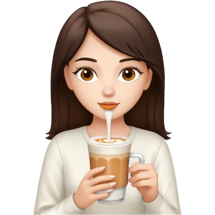 white brunette with brown eyes and a white outfit, drinking a caramel machiatto emoji