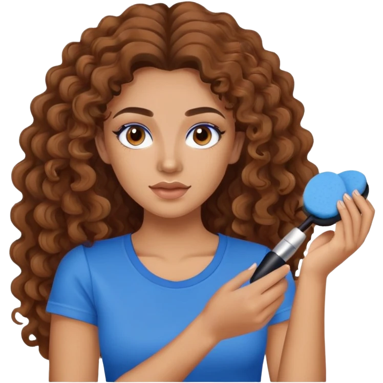 Mujer con cabello marrón, largo y rizado. Morena. Con remera azul y colocandoce polvo de maquillaje con una esponjita de maquillaje marron emoji