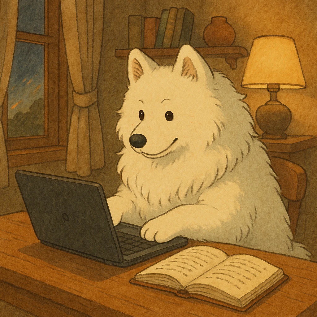 Samoyed writing a novel using a laptop emoji