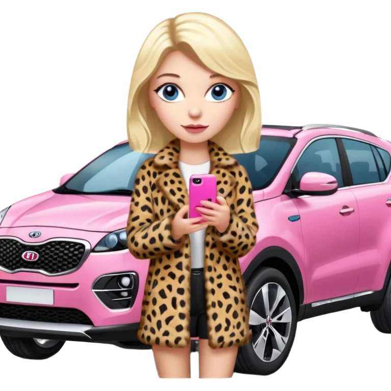 a blondie queen Arina in a leopard fur and pink iPhone 16 on her kia Sportage white car. blue eyes emoji