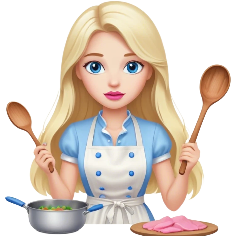 Cinematic realistic beautiful blonde with long hair, blue eyes and pink lips in a white dress cooks emoji