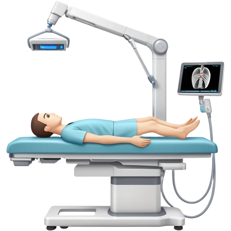 3D medical DEXA scan machine with male patient lying on examination table, bone density measurement equipment with scanning arm over patient emoji